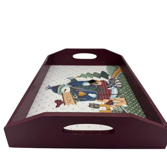 Wooden Serving Tray With Rustic Country Noel Snowman Scene - Picture 5 of 7
